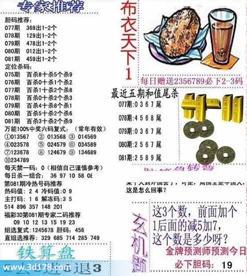 3d布衣天下第2026081期胆码推荐：459