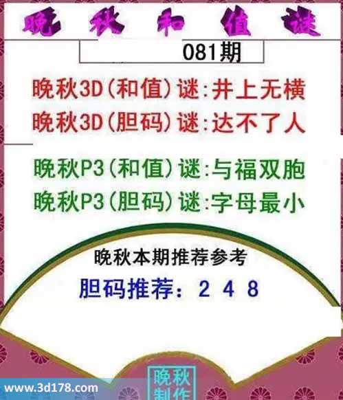 3d红五晚秋图第2026081期胆码谜：达不了人