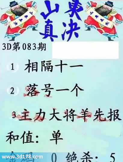 3d山东真诀图第2026083期绝杀：5