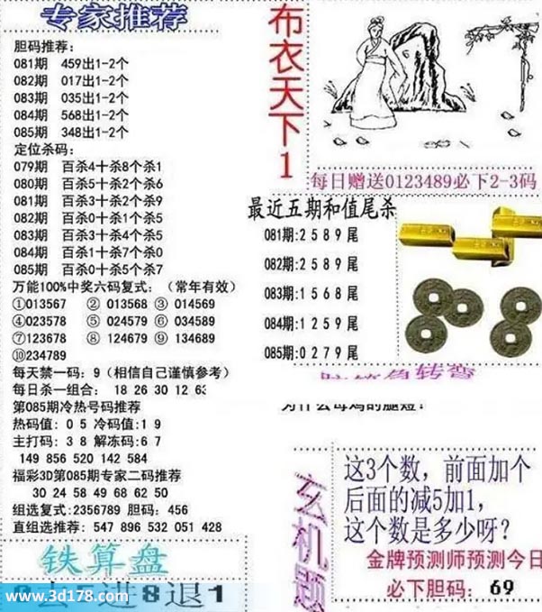 3d布衣天下第2026085期胆码推荐：348