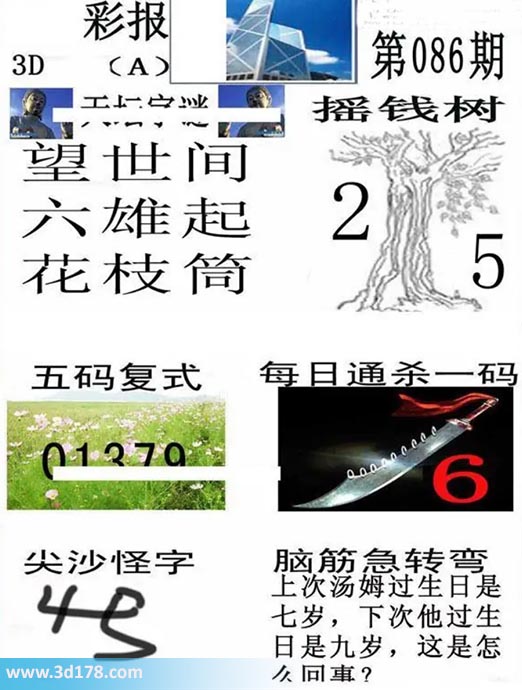 香港彩报3d第2026086期五码复式:01379