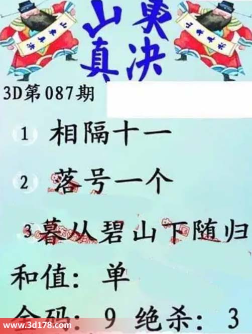 3d山东真诀图第2026087期金码：9