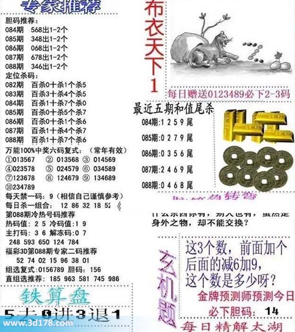 3d布衣天下第2026088期胆码推荐:346