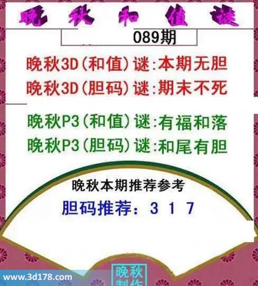 3d红五晚秋图第2026089期胆码谜:期末不死