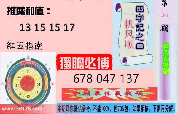 第2026093期3d红五玄机图四字记之曰：一帆风顺