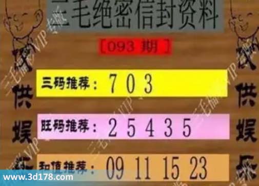 3d第2026093毛绝密信封资料图胆码推荐：037