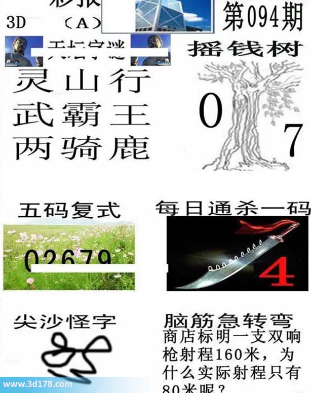 香港彩报3d第2026094期五码复式：02679