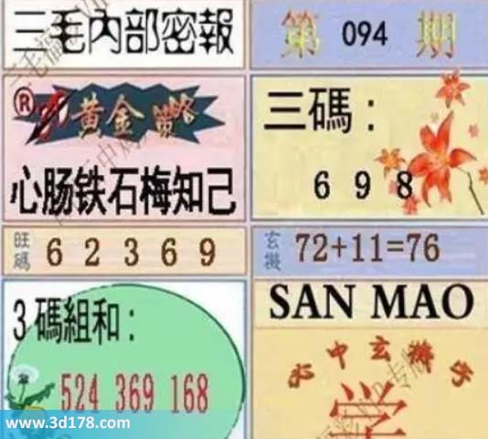 3d第2026094期三毛内部密报图三码推荐：689