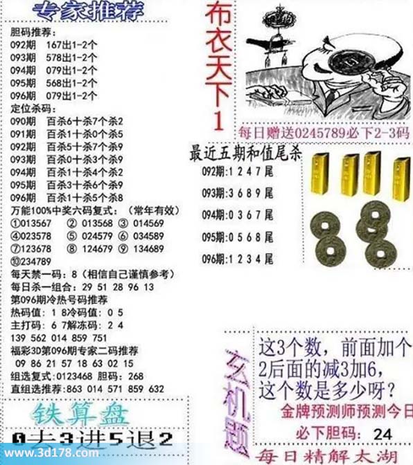 3d布衣天下第2026096期胆码推荐：079