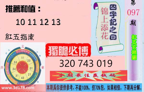 第2026097期3d红五玄机图四字记之曰：锦上添花