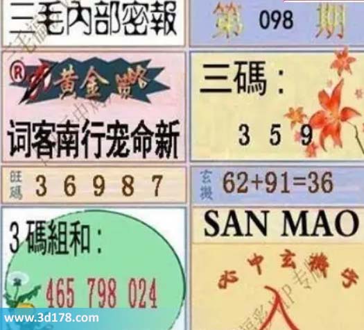 3d第2026098期三毛内部密报图三码推荐：359