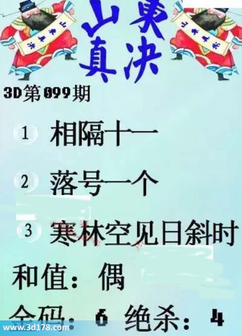 3d山东真诀图第2026099期金码：6