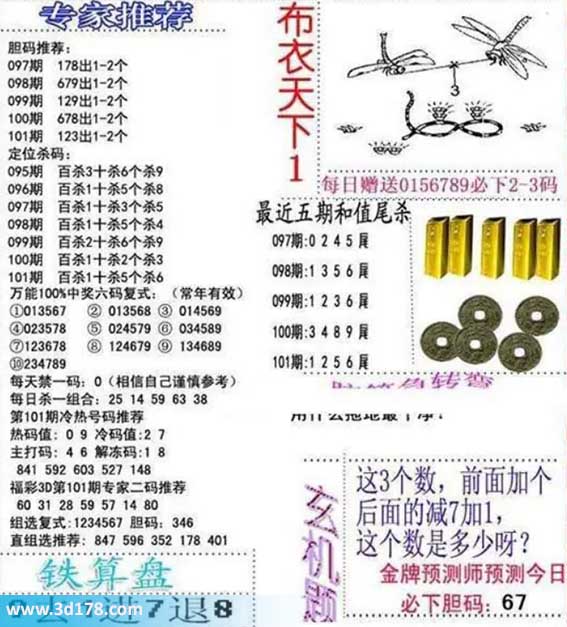 3d布衣天下第2026101期胆码推荐：123