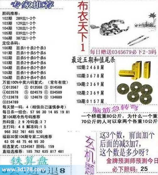 3d布衣天下第2026106期胆码推荐：378
