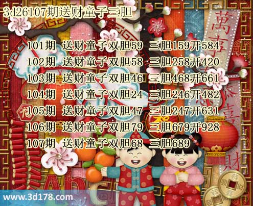 3d送财童子图第2026107期推荐：三胆689