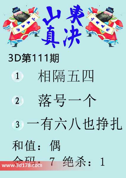 3d山东真诀图第2026111期绝杀：1