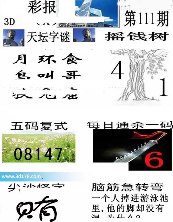 香港彩报3d第2026111期杀一码：6