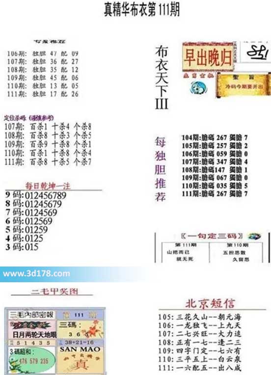 真精华布衣第2026111期推荐三码：015