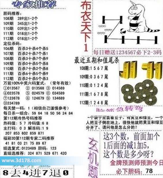 3d布衣天下第2026112期胆码推荐：018