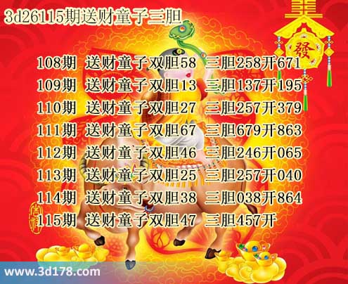 3d送财童子图第2026115期推荐：三胆457