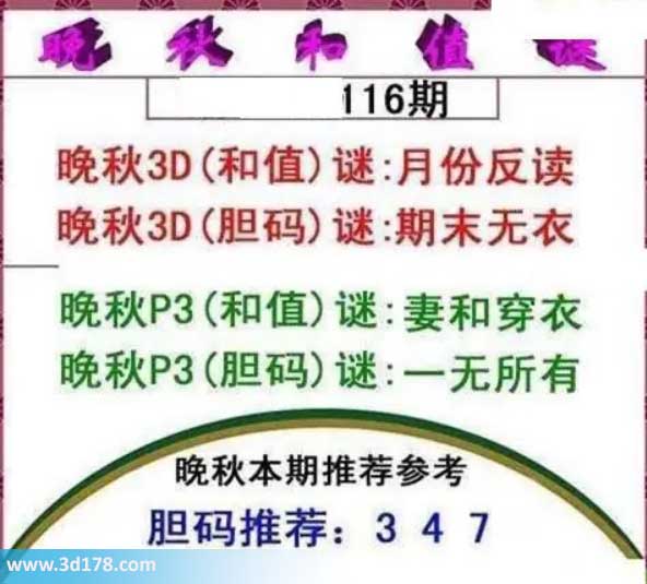 3d红五晚秋图第2026116期胆码谜：期末无衣