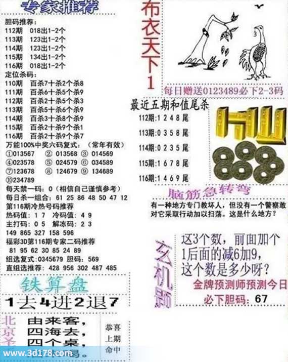 3d布衣天下第2026116期胆码推荐：018