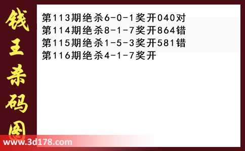 3d第2026116期钱王杀码图推荐：杀一码4