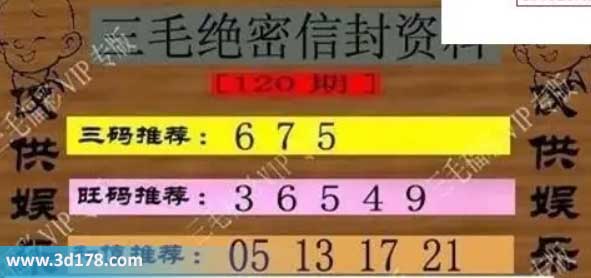 3d第2026120毛绝密信封资料图胆码推荐：567