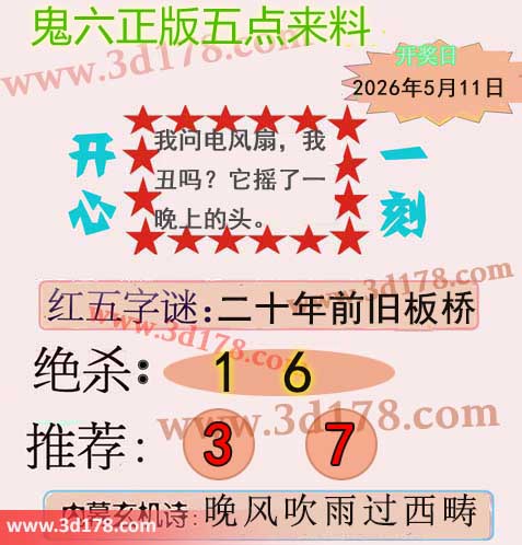 鬼六五点来料3d第2026121期两胆码推荐：37