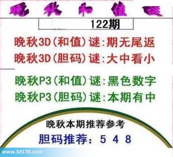 3d红五晚秋图第2026122期和值谜：期无尾返