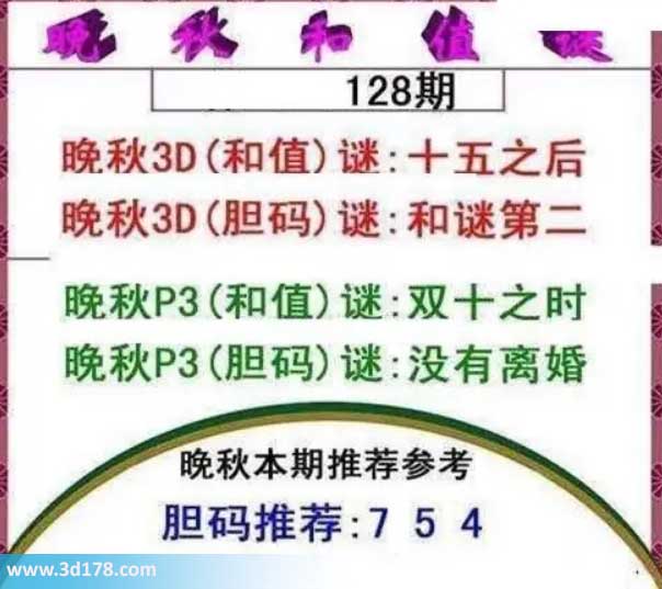 3d红五晚秋图第2026128期胆码谜：和谜第二