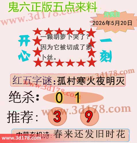 鬼六五点来料3d第2026130期两胆码推荐：39