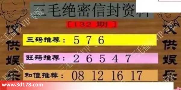 3d第2026132三毛绝密信封资料图胆码推荐：576
