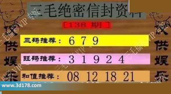 3d第2026138三毛绝密信封资料图胆码推荐：679