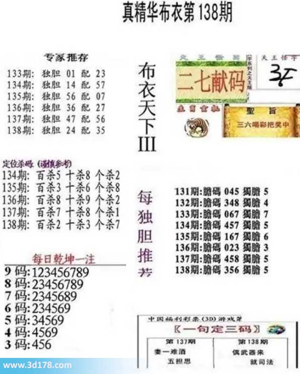 真精华布衣第2026138期推荐三码：456