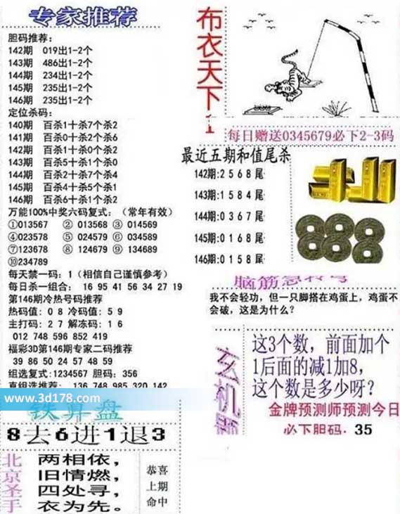 3d布衣天下第2026146期胆码推荐：235