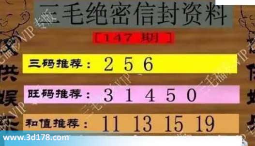 3d第2026147三毛绝密信封资料图胆码推荐：256