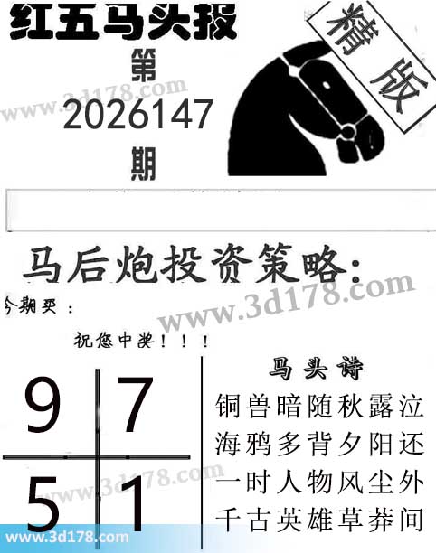 红五马头报3d第2026147期今期买：1579