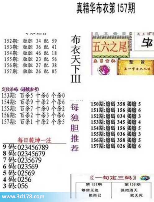 真精华布衣第2026157期推荐三码：056