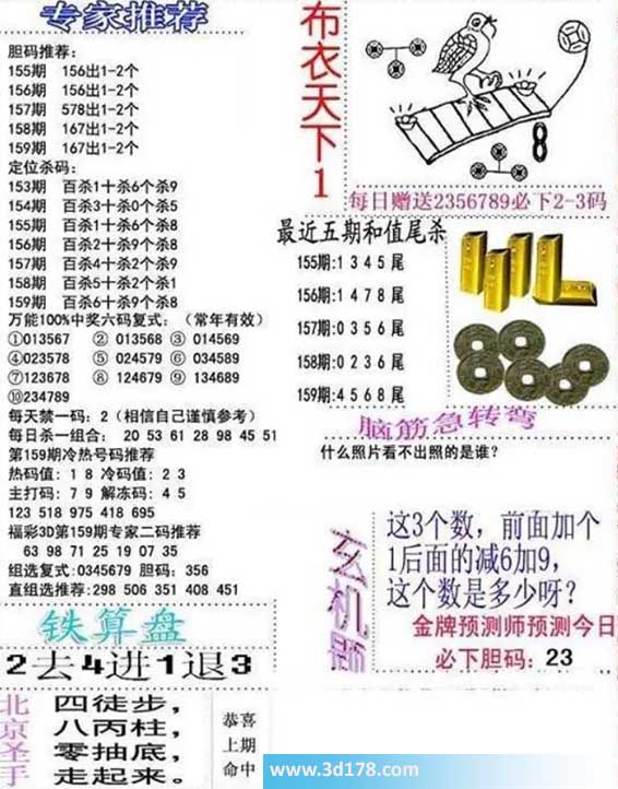 3d布衣天下第2026159期胆码推荐:167