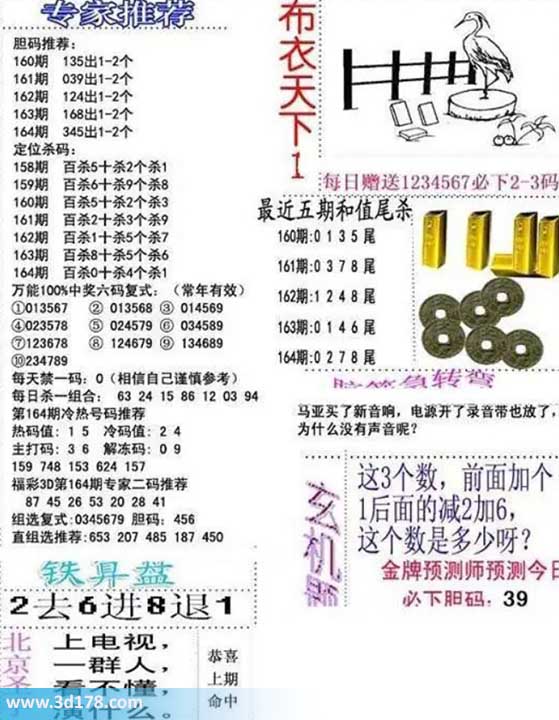 3d布衣天下第2026164期胆码推荐:345