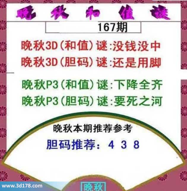 3d红五晚秋图第2026167期胆码谜：还是用脚