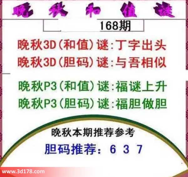 3d红五晚秋图第2026168期胆码谜：与吾相似