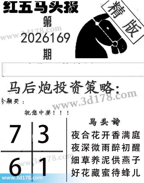 红五马头报3d第2026169期今期买：1367