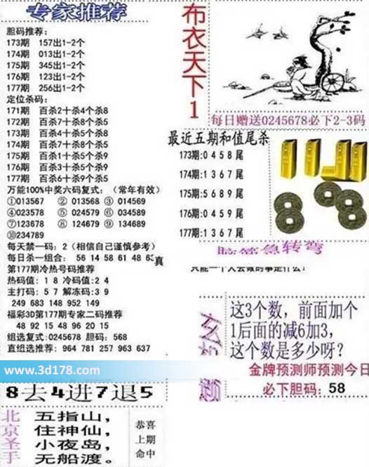 3d布衣天下第2026177期胆码推荐：256