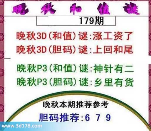 3d红五晚秋图第2026179期和值谜：涨工资了