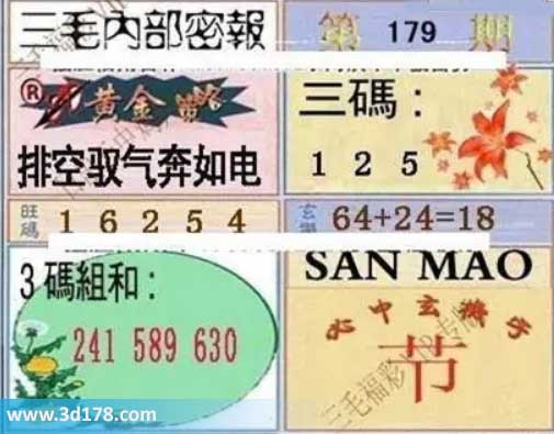 3d第2026179期三毛内部密报图三码推荐：125