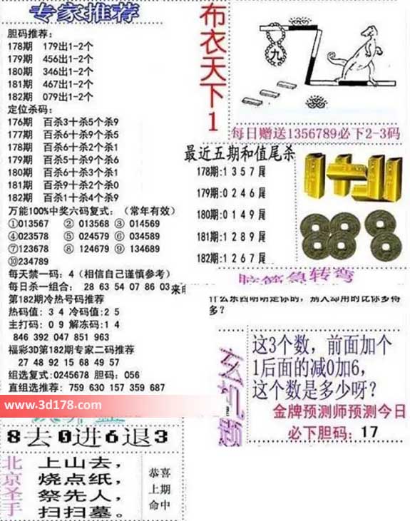 3d布衣天下第2026182期胆码推荐：079