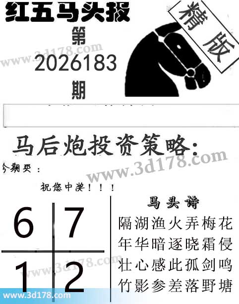 红五马头报3d第2026183期今期买：1267