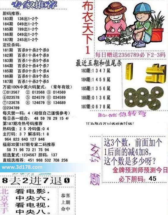 3d布衣天下第2026187期胆码推荐：245